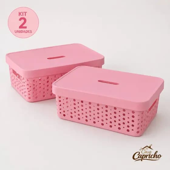 Kit 2 Cesto Organizador com Tampa 11 Litros Rattan Usual 36x27x12 Multiuso Organizador de Ambiente Gaveta