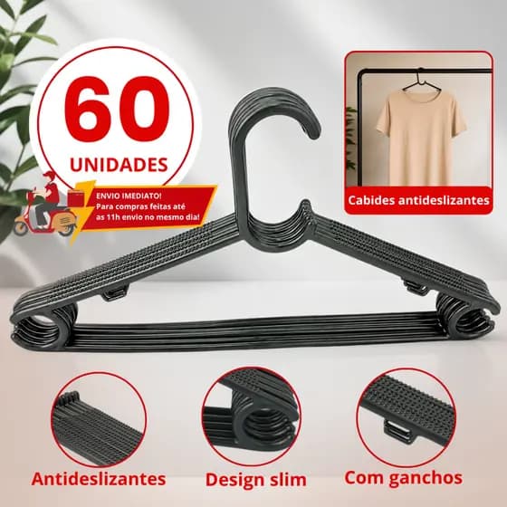 Kit 60 Cabides Adulto Premium Preto Antideslisante Resistente de Fábrica
