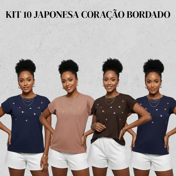 Kit 10 T-Shirts Femininas Manga Japonesa – Básicas com Bordado de Coração em 100% Algodão
