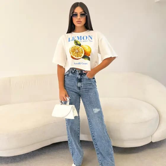 Cropped Oversized Estampada Lemon - Verão / 100% Algodão
