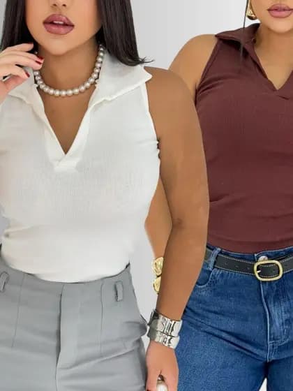 Regata Feminina Canelada Camisa Gola Polo Algodão Básica Moda Casual Tendência Social Camiseta Verão