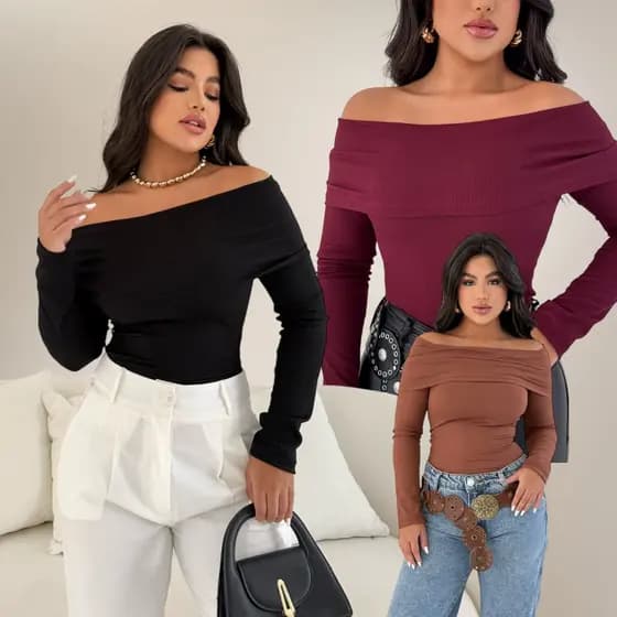 Blusa de frio feminina ombro a ombro manga longa Verão primavera 2026