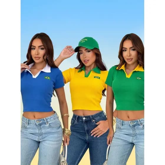 Cropped Polo Blusa Baby Look Brasil Core Tendência Essencial Casual Básica Copa Mundo