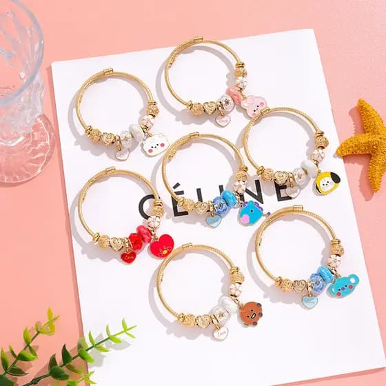 BTS BT21 Pulseira De Aço Inoxidável Sem Desbotamento Estilo Desenho Animado Fofo Faça Você Mesmo Moda Coreana Amor Pinge