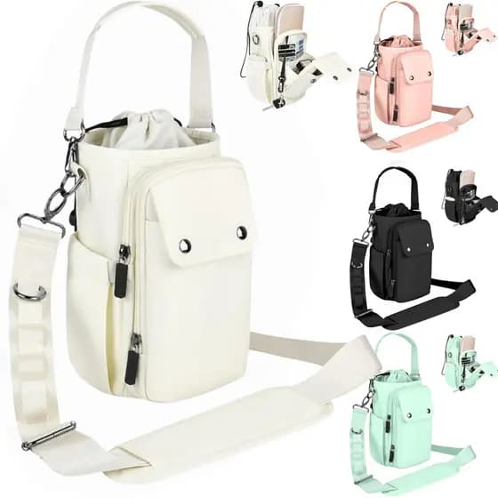 Bolsa para Garrafa 40oz Impermeável 5 Bolsos Alça Ajustável com Mosquetão Uso nas Costas e Transversal Esporte e Viagem