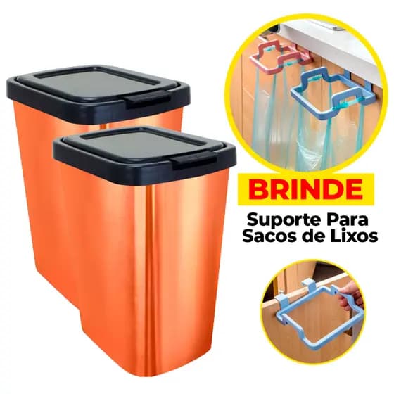 Kit 2 Lixeira Cesto Tipo Inox Metalizado 09 Lt Com Tampa Click Label Banheiro Cozinha Quarto + Suporte Saco para Lixo