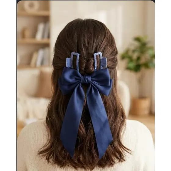 kit 2 Presilha Piranha Para Cabelo Com Laço Grande de Cetim Azul E Bege