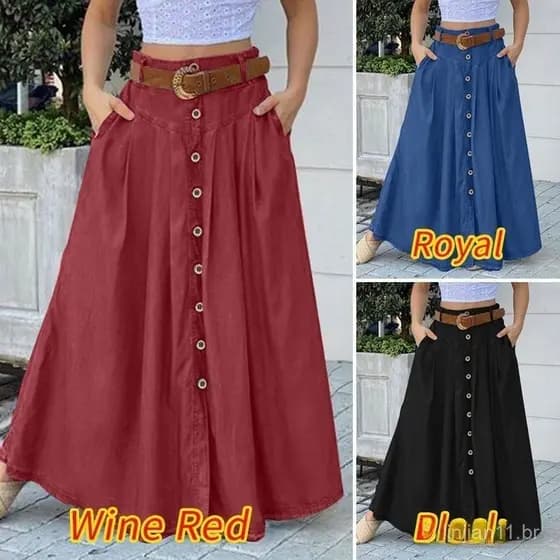 Saia longa feminina com botões/bolso frontal/retro/casual (sem cinto) LTAH