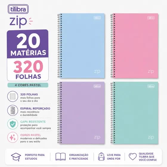 Caderno 20 Matérias Universitário Tilibra Cores Pastel 320 Folhas 27,5 x 20,5 cm A4