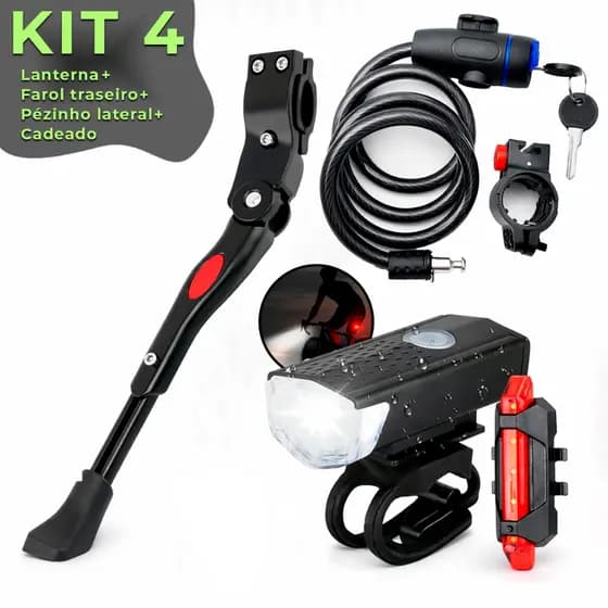 Kit Farol 300 Lumens Lanterna Bicicleta + Trava De Aço + Sinalizador Traseiro + Pezinho Lateral Bike