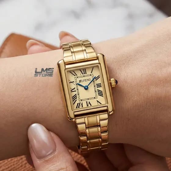 Relógio de Pulso Feminino Quartzo Moda Mix Gold, Mostrador Retangular Romano