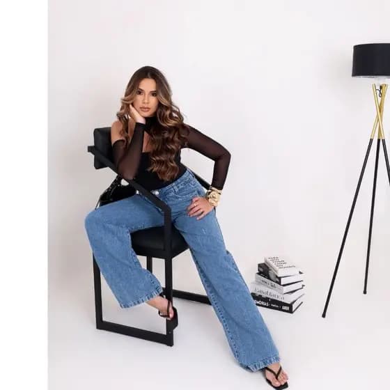 Pantalola Calça jeans wid Feminina Boca de Sino Cintura Alta Modeladora