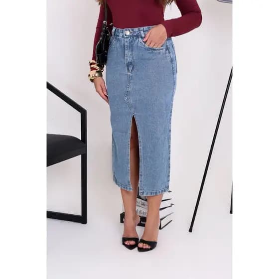 Saia Mid Jeans C/ Fenda Lateral Lavagem Média Lançamento Verão