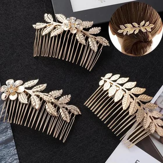 Pente De Cabelo De Noiva Leve E Luxuoso Com Inserção De Folha De Oliveira Dourada