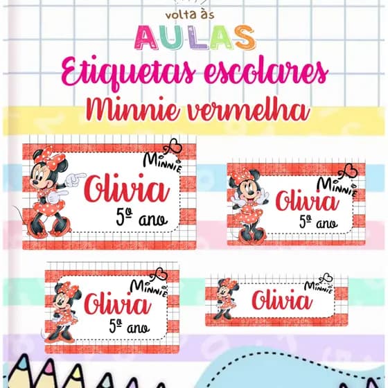 kit 88 etiquetas Escolares Personalizadas MINNIE VERMELHA- ETIQUETAS ESCOLARES
