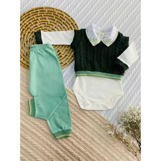 Conjunto Pagão Casaco Bebê- Suéter, Body e Calça Masculino | Mundo Colorido | Tamanho RN (0-2 meses)