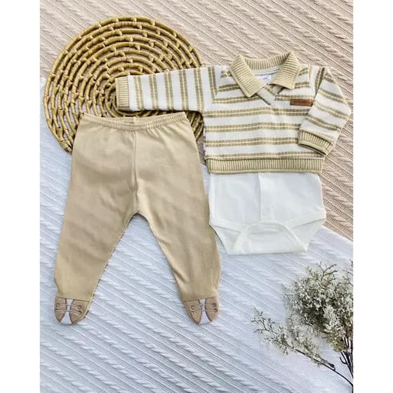 Conjunto Pagão Casaco Bebê - Suéter, Body e Calça Masculino | Mundo Colorido | Tamanho RN 0-2 meses