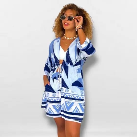 Conjunto Kimono Ajustavel Short E Kimono Duas Peças Moda Praia Estampado Malha Liganet