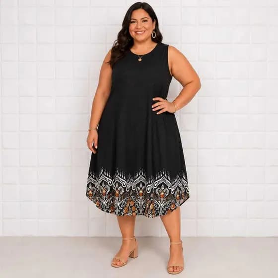 Vestido Feminino Plus Size Soltinho Estampado Barrado Meia-Lua Sem Manga Confortáve