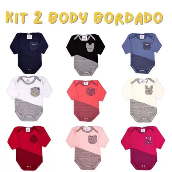 Kit 2 peças Body Bebê Bordado Bichinhos - Body Suedine 100% Algodão - Body meninos e meninas