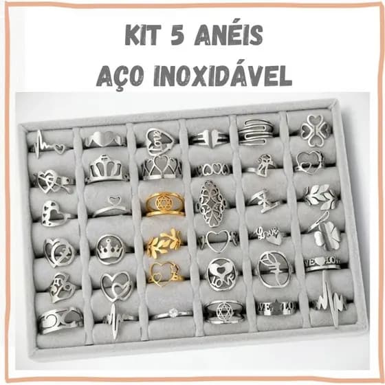 Kit 5 anéis Aço Inoxidável - Anel Feminino - Anel Aço Inoxidável - Kit Anel - Anel Delicado