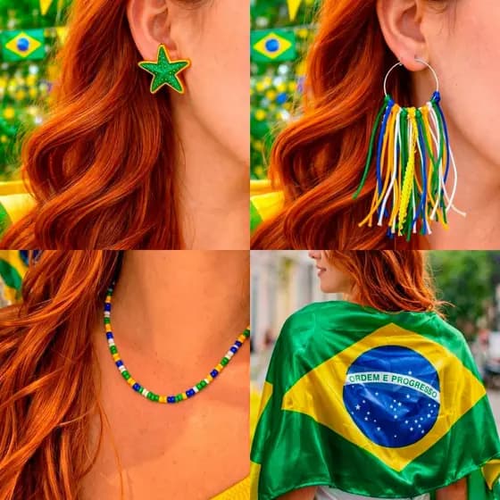 Brinco Brasil Estrela Franja Colar Chocker Bandeira Acessórios Copa do Mundo 2026