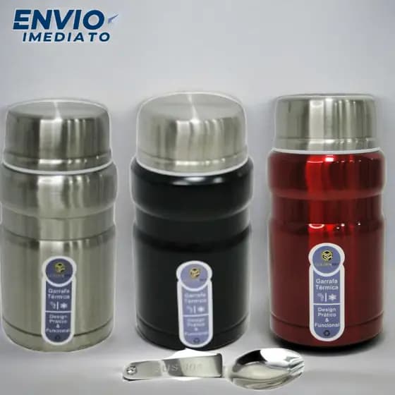 Pote Térmico com Tampa + Colher Dobrável de Inox 650ml na Caixa