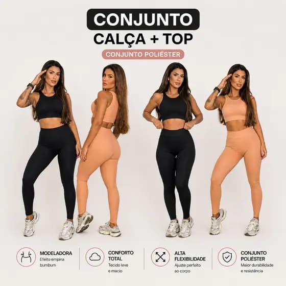 Conjunto Fitness Feminino Poliéster Top Camiseta + Calça Academia Treino Elastano Alta Elasticidade Confortável