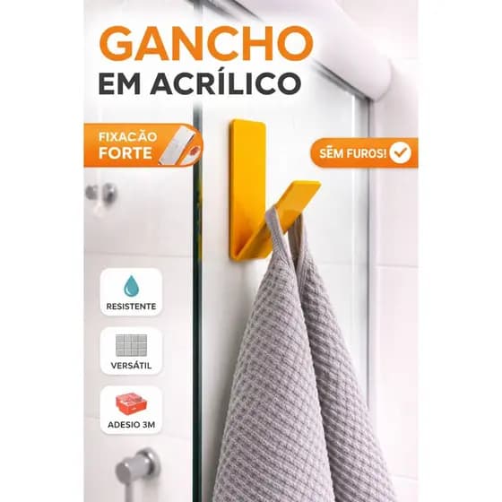 Gancho Adesivo em Acrílico Multiuso Amarelo 2mm | Suporte Para Toalha Chaves Cozinha Banheiro | Fita 3M | Kit 5 10 25