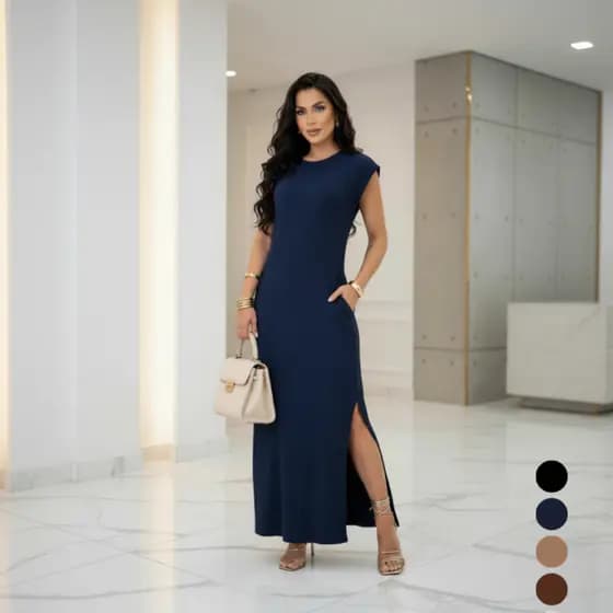 Vestido Longo Casual Basico Feminino Ribana Canelada Manga Muscle Moda Gringa Preto Marrom