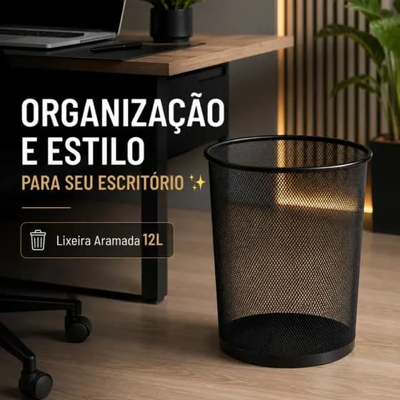 Lixeira Escritório 12L Metal Aramado Preta Cesto Telado