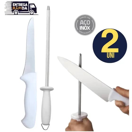 KIT 02 Unidades - Faca linha Top Chef Inox Premium Cabo Branco + Chaira 10" Afiador Amolador de Facas Inox Variáveis