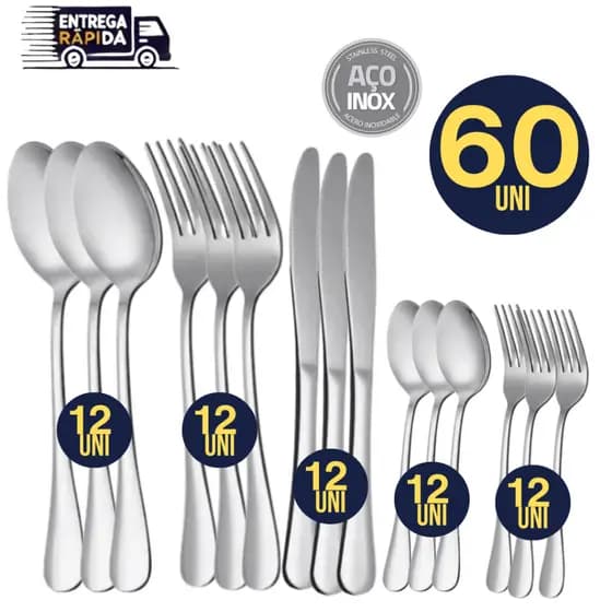 Kit 60 Talheres 100% Inox 12 Garfo 12 Faca 12 Colher 12 Garfo sobremesa 12 Colher sobremesa Linha Premium Inox Cozinha