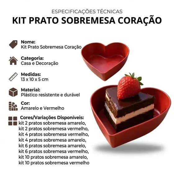 Vasilha Sobremesa Coração Plástico Resistente para Doces Bolos Frutas Mesa Decorada Vermelho Amarelo