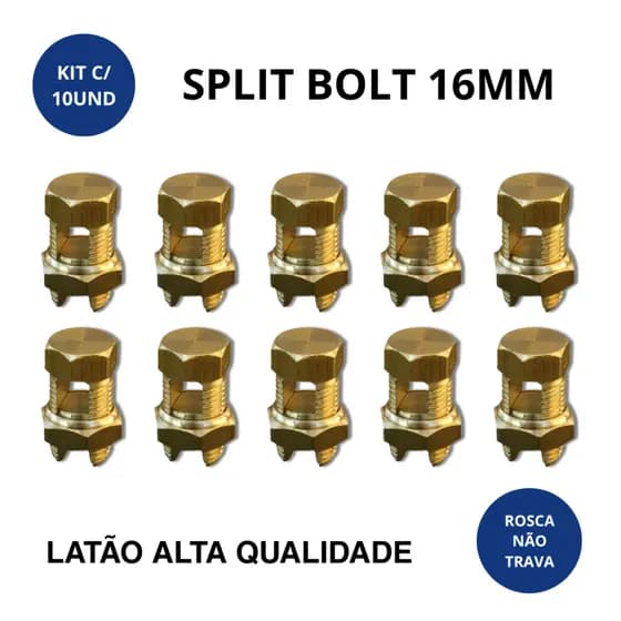 Conector Split Bolt 16mm Kit C/10 Latão Sistema Aterramento Emenda Elétrica Parafuso Fendido Cabo Fio
