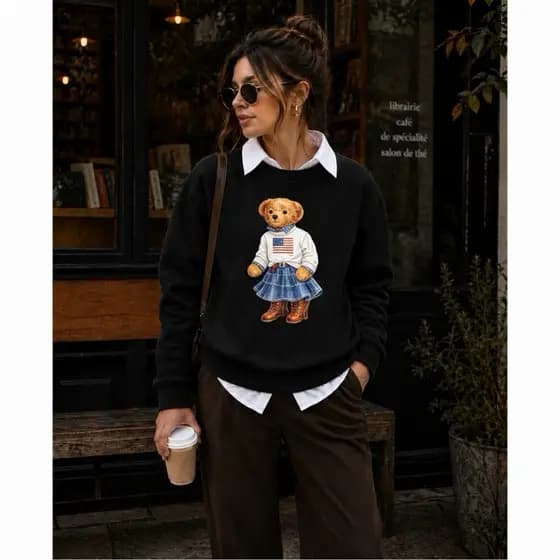 Moletom Feminino Algodão Flanelado Sem Capuz Urso EUA Bear Blusa De Frio Tendência Casual Blogueira