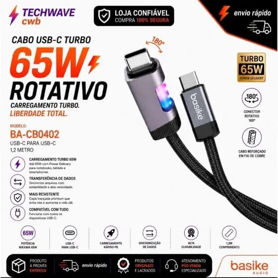 Cabo USB-C 65W Basike Turbo PD Tipo C Para Tipo C 1,2 Metro Reforçado Fast Charge