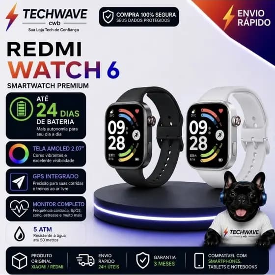 Smartwatch Redmi Watch 6 Xiaomi AMOLED 2.07 GPS Bluetooth 5ATM SpO2 24 Dias Bateria