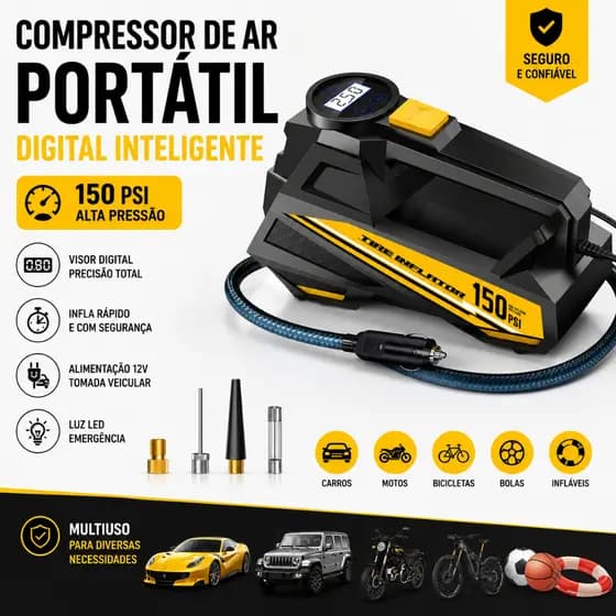 Mini Compressor de Ar Portátil 12V 150 PSI Digital Inteligente Inflador de Pneus Carro Moto Bicicleta Automático com Luz