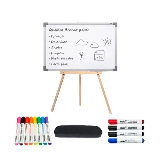 Lousa Branca 40x60 c/ Tripé 100 cm de Pinus + 12 Canetas - Quadro para escrever e apresentar