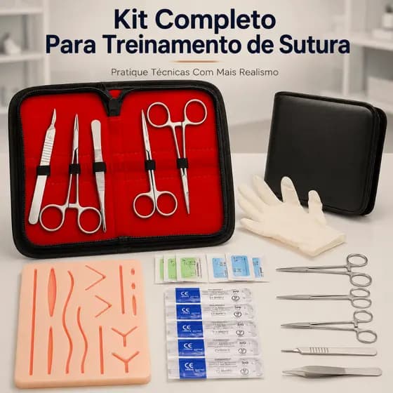 Kit Estojo Treinamento Sutura Completo Pad Silicone Instrumentos Acadêmico Medicina