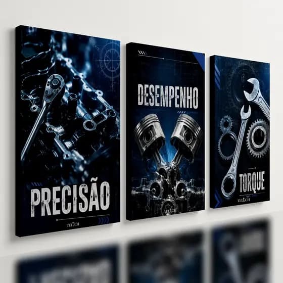 Kit3 Quadro Decorativo Oficina Mecânica Motor Carro Azul