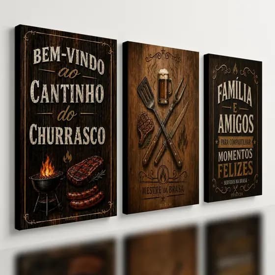 Kit 3 Quadro Decorativo Churrasco Área Gourmet Carne Madeira