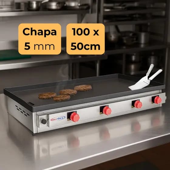 Chapa Chapeira para Lanches Porções Profissional A Gas 100x50 com 5mm Espessura e 4 queimadores