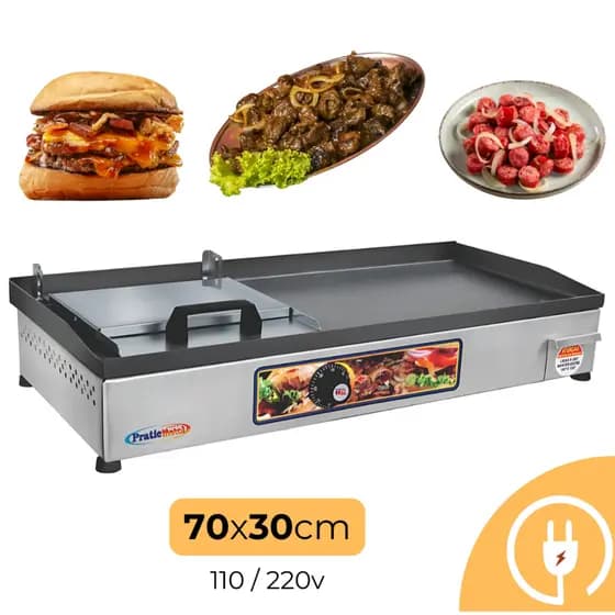 Chapa de Hamburguer Profissional Elétrica com Abafador Prensa 70x30 cm 110V 220V Chapeira para Lanches Porções Pratic