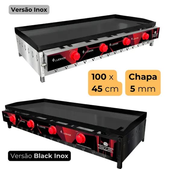 Chapa de Hamburguer Profissional A Gas 100x45 Com 5mm e 4 Queimadores Individuais Chapeira para Lanches Porções