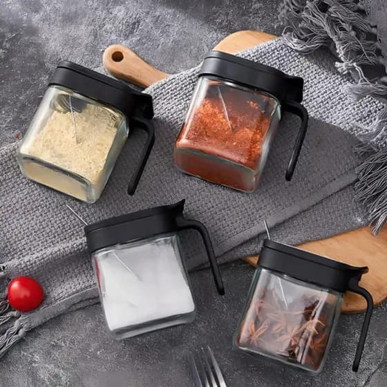 Porta Tempero Vidro 300ml com Colher Aço Inox 401 Condimento Sal Açúcar