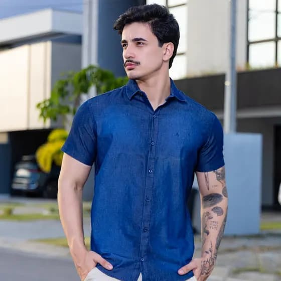 Camisa Jeans Masculina Manga Curta Casual Slim Fit Confort谩vel Premium luxo
