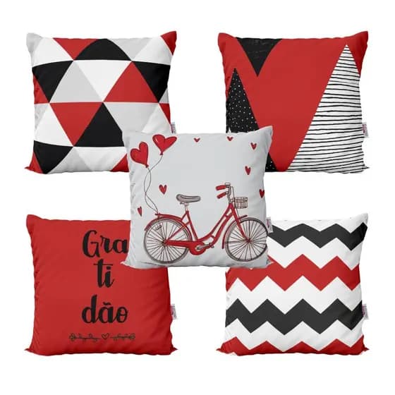 Kit 5 Capas de Almofadas Decorativas Vermelhas Gratidão Bike Para Sofá 40x40 - VaiPraMix