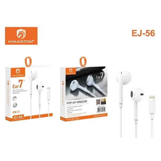 Fone de Ouvido Lightning H'Maston EJ56 para iPhone com Microfone - Áudio Hi-Fi e Plug & Play